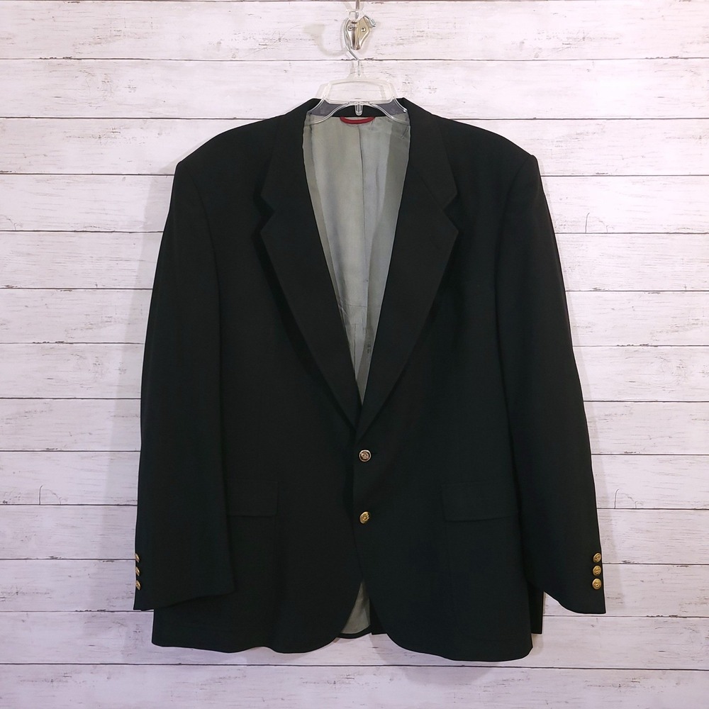 Hart Schaffner Marx Black Blazer 50L Mens Gold Crest Button Sport Coat Vintage